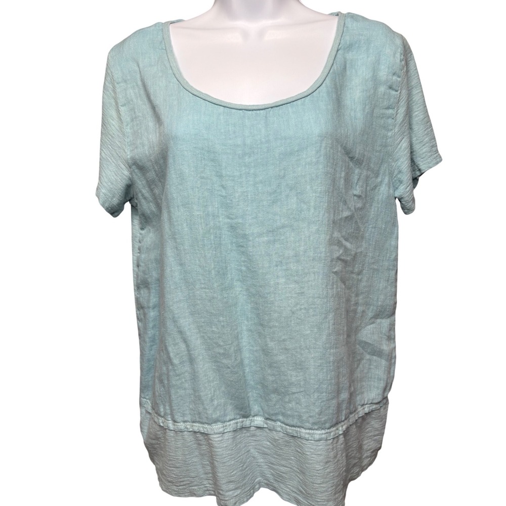 CUT LOOSE Womens Blue Linen Cotton Short Sleeve Top M Layered Hem Lagenlook Airy